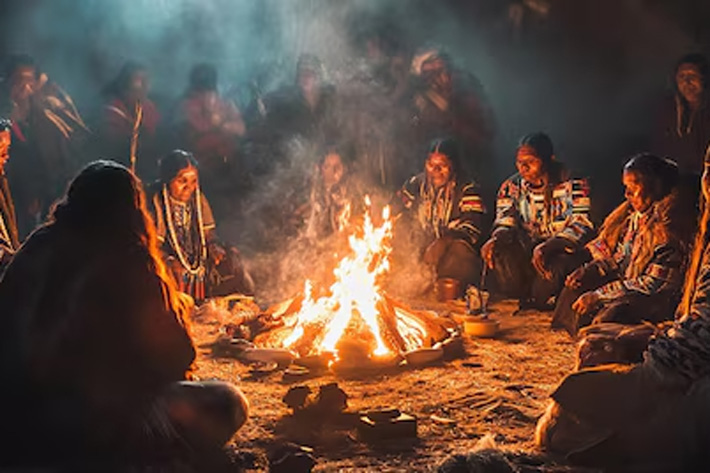 Indigenous community gathered around fire.